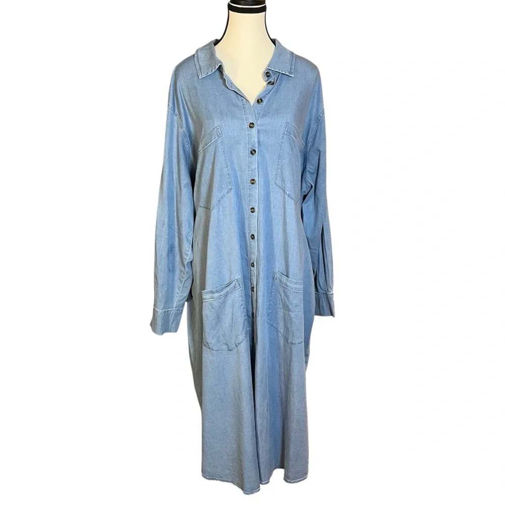 Universal Standard Chambray Blue Midi Shirt Dress Tie Waist Long Sleeve Size XL - Picture 2 of 8